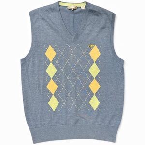 Peter Millar Sweater Vest Mens Medium Blue Argyle Silk Cotton Cashmere Golf